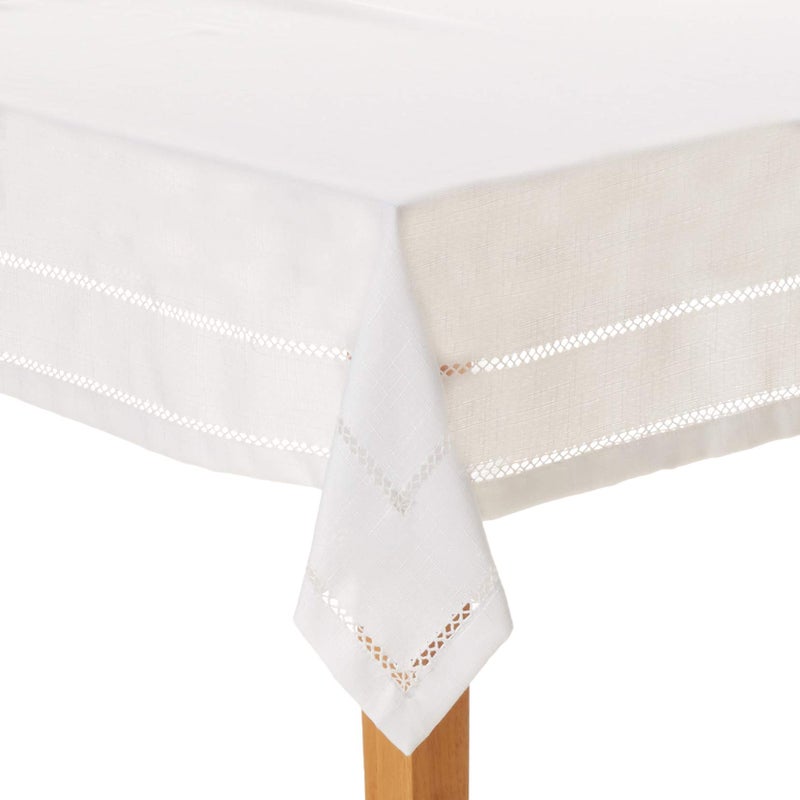 Violet Linen Hem Stitch Embroidered Vintage Design Tablecloth White 68" by 140" Oblong/Rectangle - Image 1